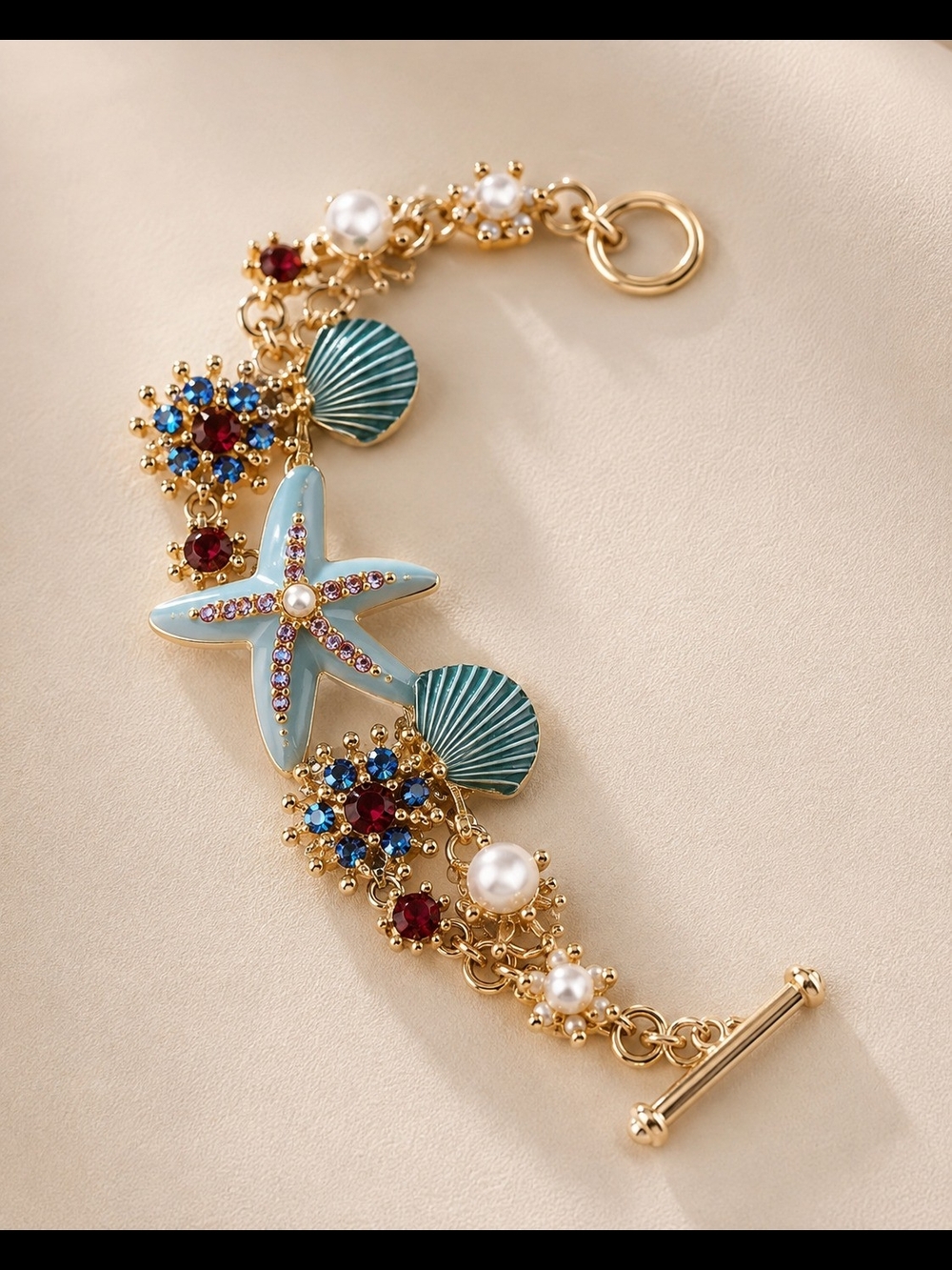 Gold-Tone Blue Starfish & Shell Women's Bracelet